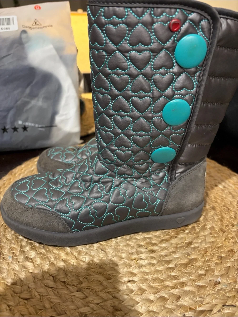 UGG Gray Quilted Heart Boots with Teal Accents